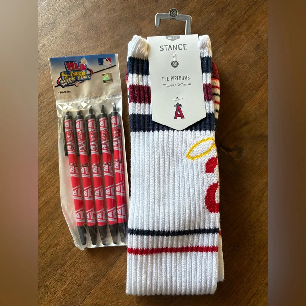 LA Anaheim Angels Stance The Pipebomb Lucky Knee High Socks & 2008 Pens Lot